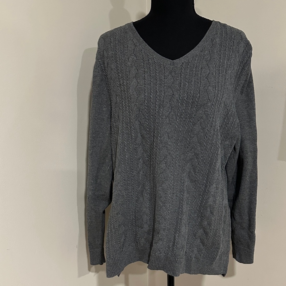 *TALBOTS* Gray V-Neck Cable Knit Sweater Size XL